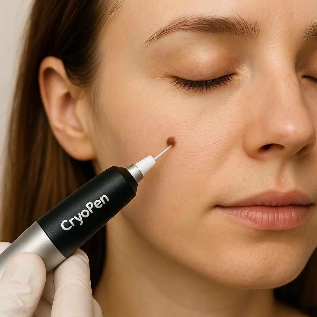 woman receiving facial mole removal West Ruislip using cryopen 