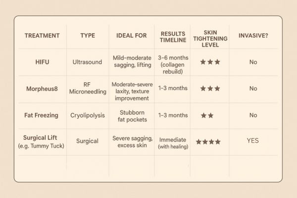 Table showing the comparisons of Skin tightening West Ruislip treatment options. 